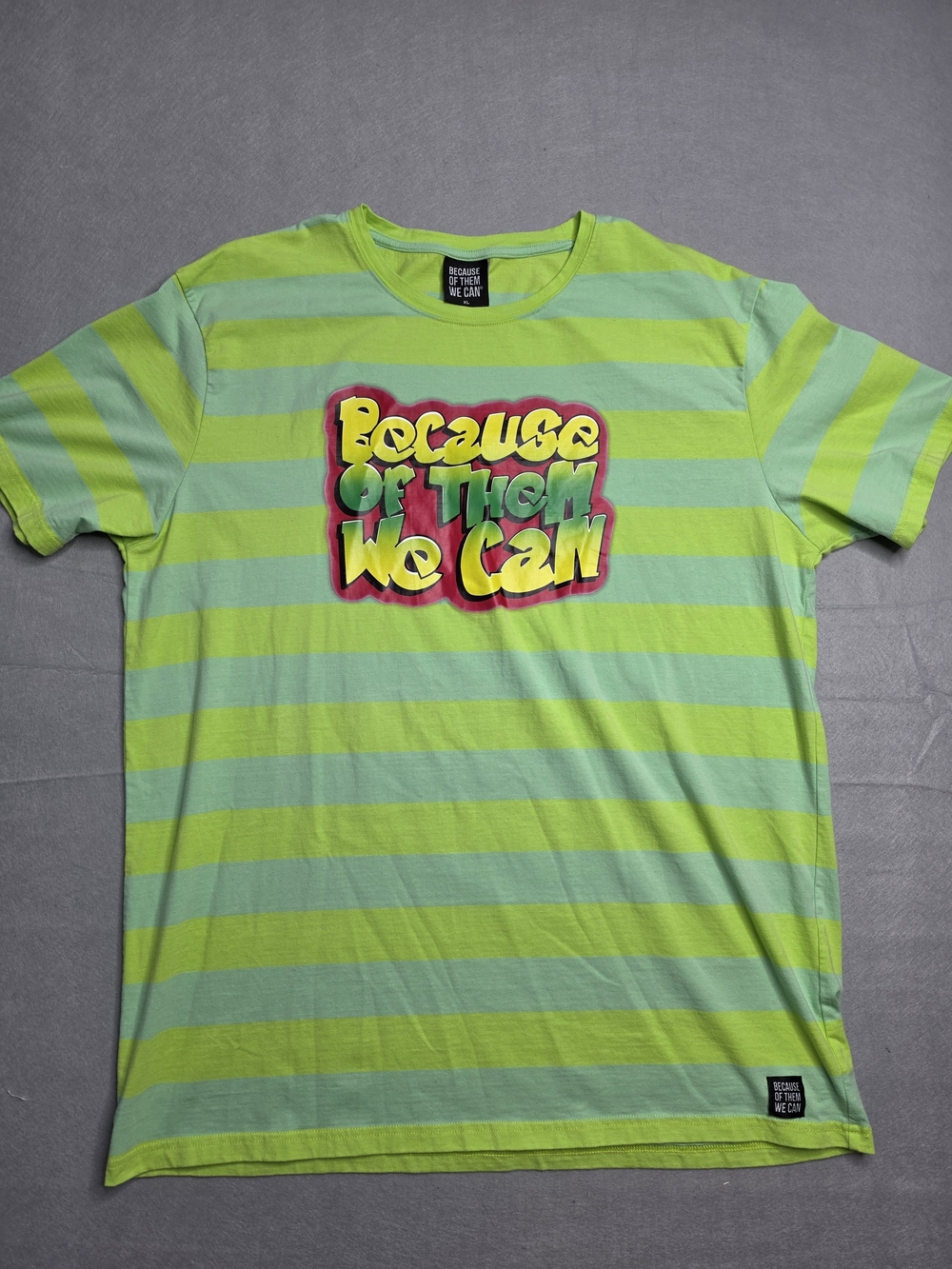 'Because Of Them We Can' Neon Green Striped Graphic Tee Men's Size XL